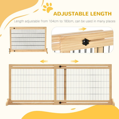 PawHut Freestanding Dog Gate, Foldable Pet Fence, Indoor Wood Barrier, Stair Gate with Support Feet, for Doorway, Hallway, Small and Medium Dogs, 69H x 104-183 cm, Natural Wood Finish