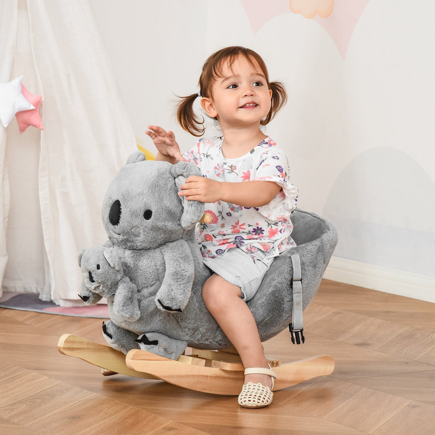 HOMCOM حصان هزاز للأطفال الصغار، لعبة ركوب مخملية على شكل كوالا وهزاز بقاعدة خشبية وحزام أمان مع دمية بقفازات للأطفال من 18 إلى 36 شهرًا، رمادي