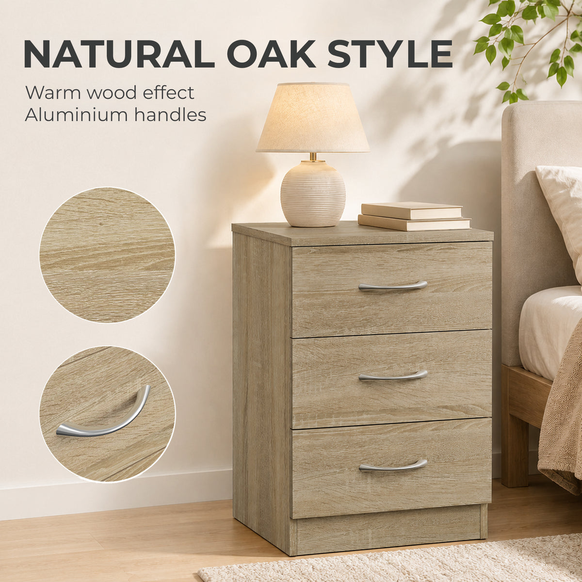 HOMCOM Three-Drawer Simple Bedside Table in Oak