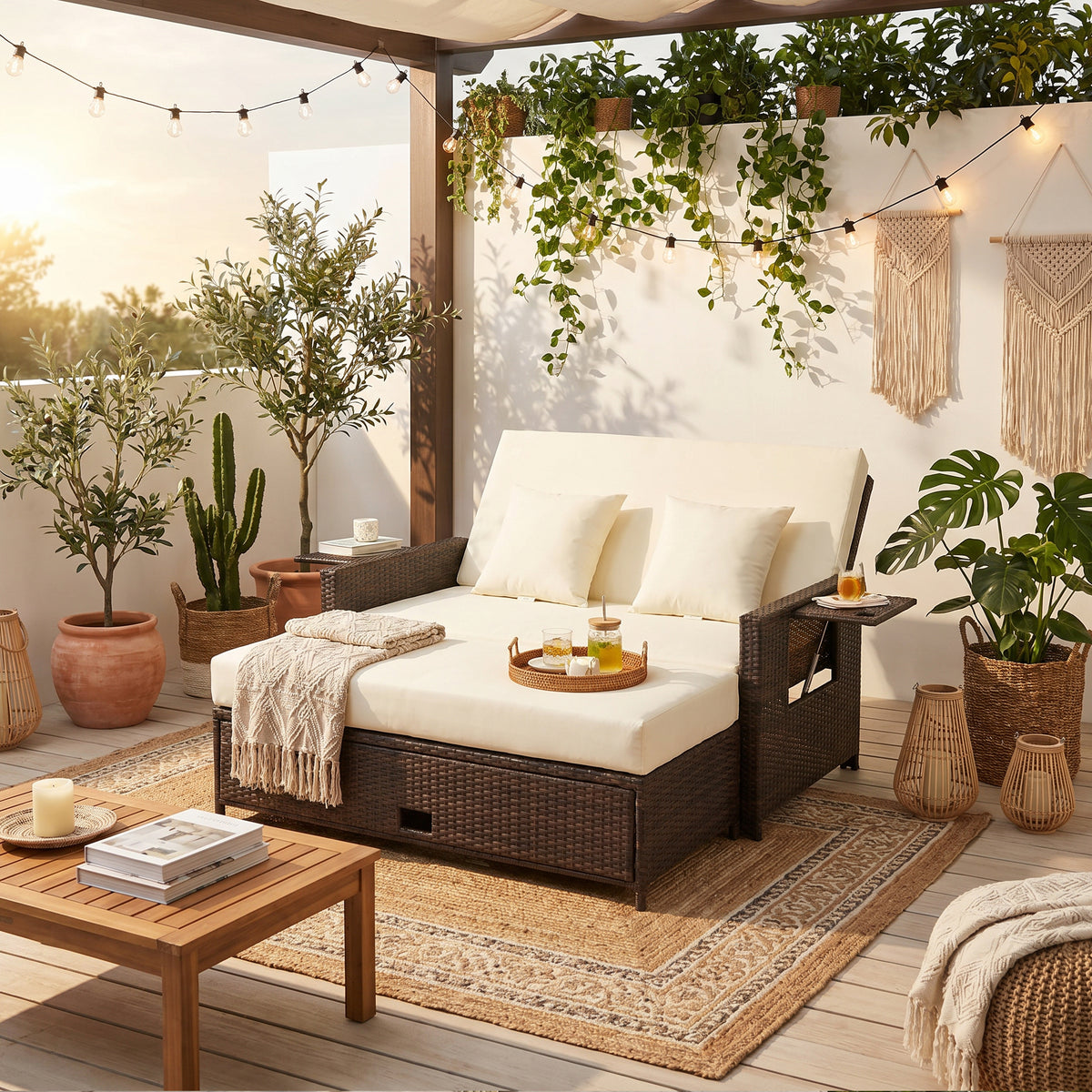 Outsunny Rattan Sun Lounger 2 Seater Day Bed in Brown
