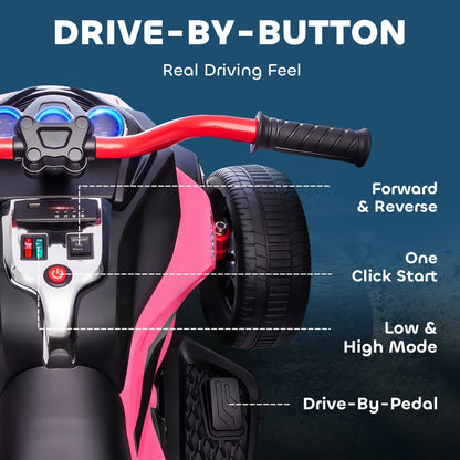 AIYAPLAY 12V Kids Electric Ride On Car with 3 Wheeler, MP3 Player, Horn, 2 Speeds, LED Lights for Boys & Girls Ages 3-8, Pink