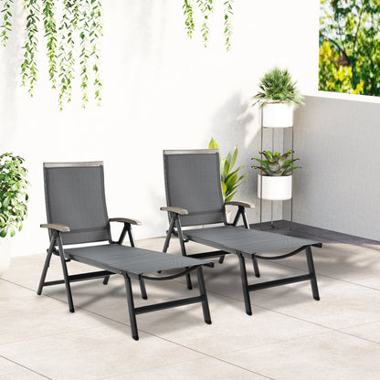 Outsunny Set of 2 Outdoor Folding Sun Loungers, 5-Position Adjustable Chaise Lounge Chairs with Aluminium Frame for Patio, Garden, Grey