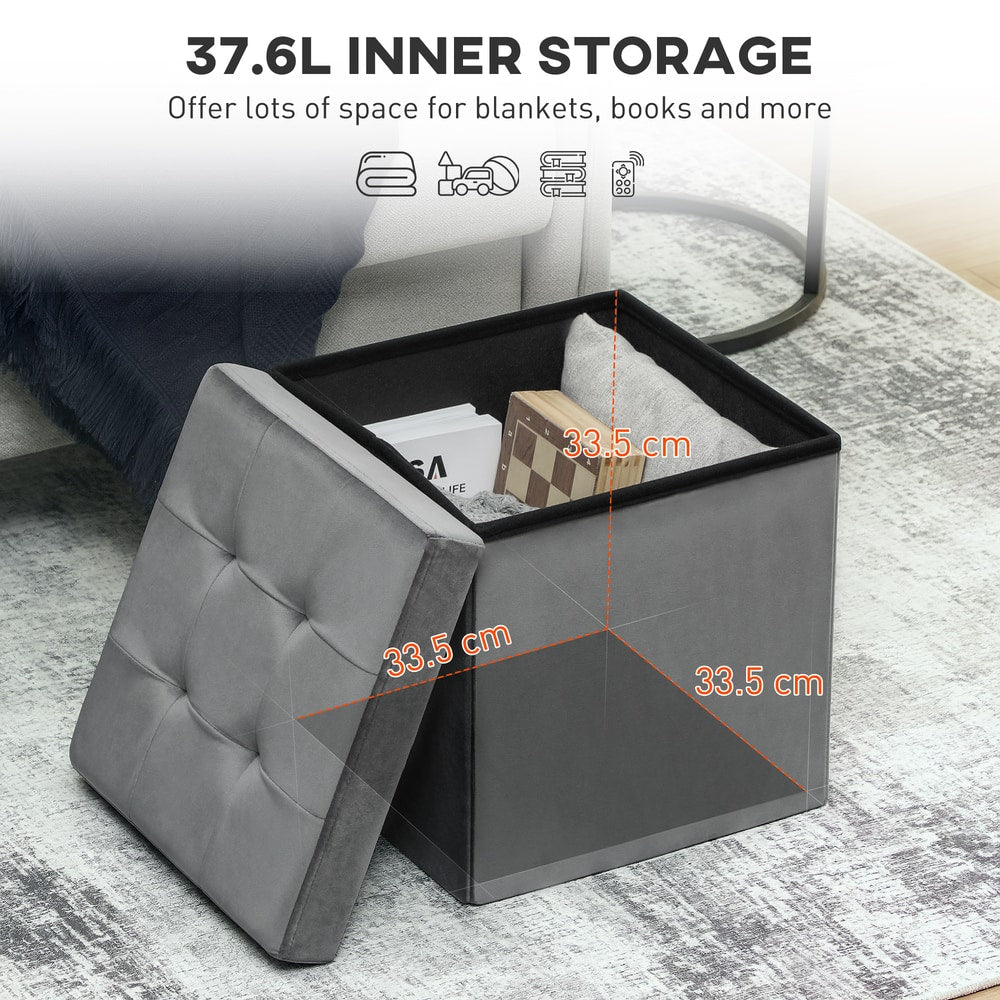 HOMCOM Foldable Velvet-Feel Storage Ottoman in Grey
