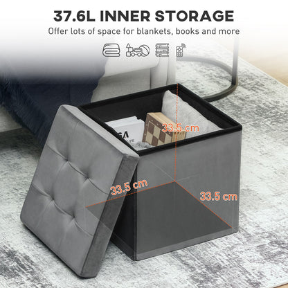 HOMCOM Foldable Velvet-Feel Storage Ottoman in Grey