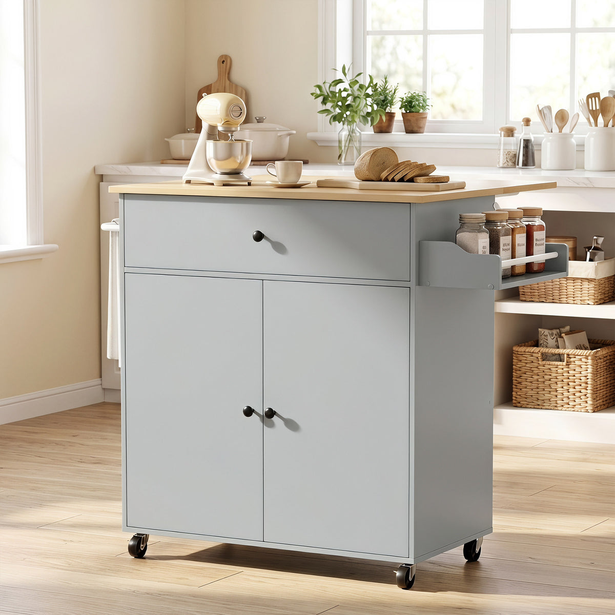 HOMCOM Kitchen Island with Drop Leaf in Grey