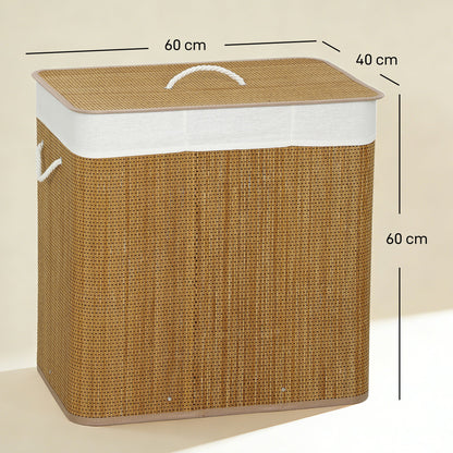 HOMCOM 3 Section Laundry Basket with Lid, 144L Bamboo Laundry Hamper with Handles, Removable and Washable Liner, Brown