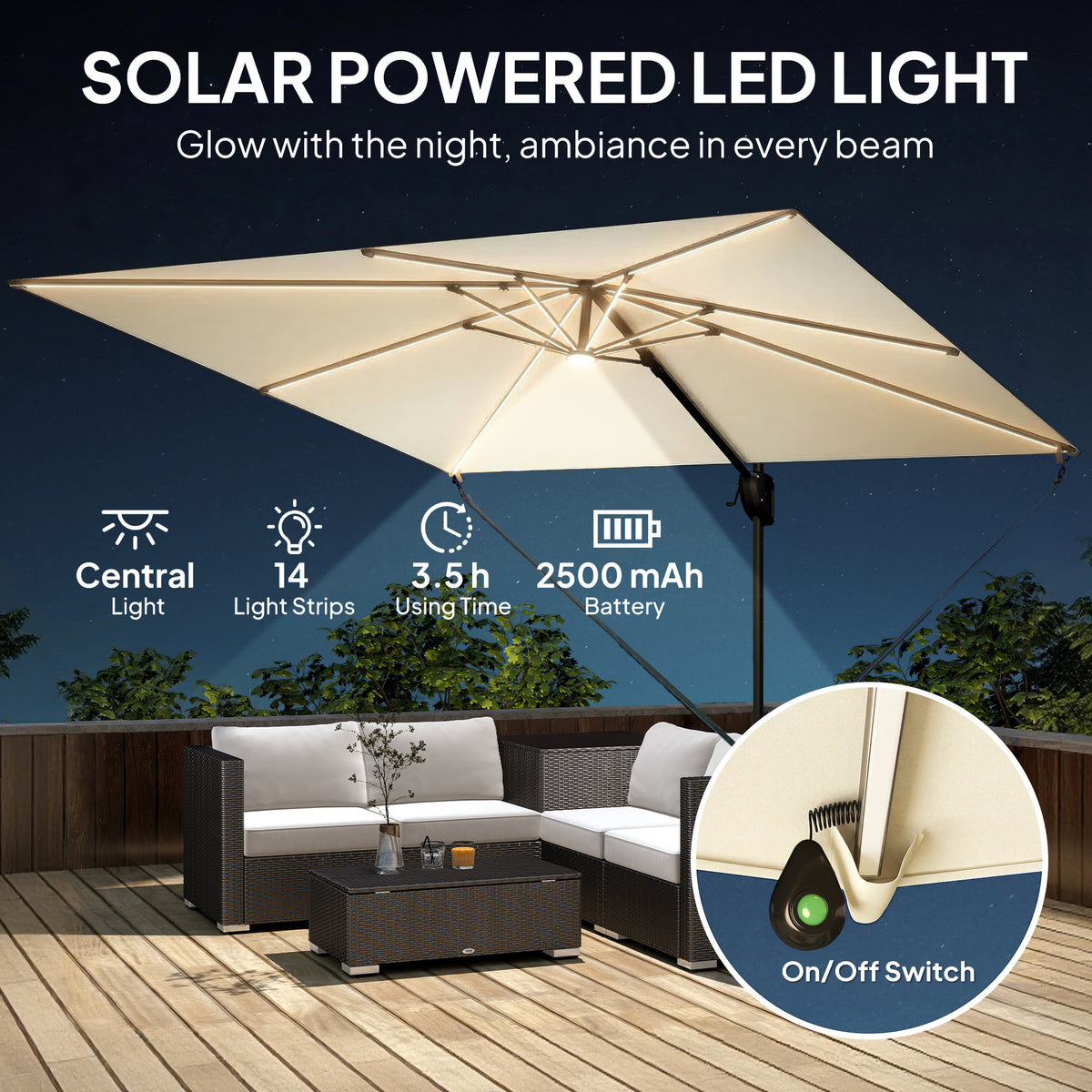 Outsunny Garden Cantilever Parasol w/ Light in Cream White