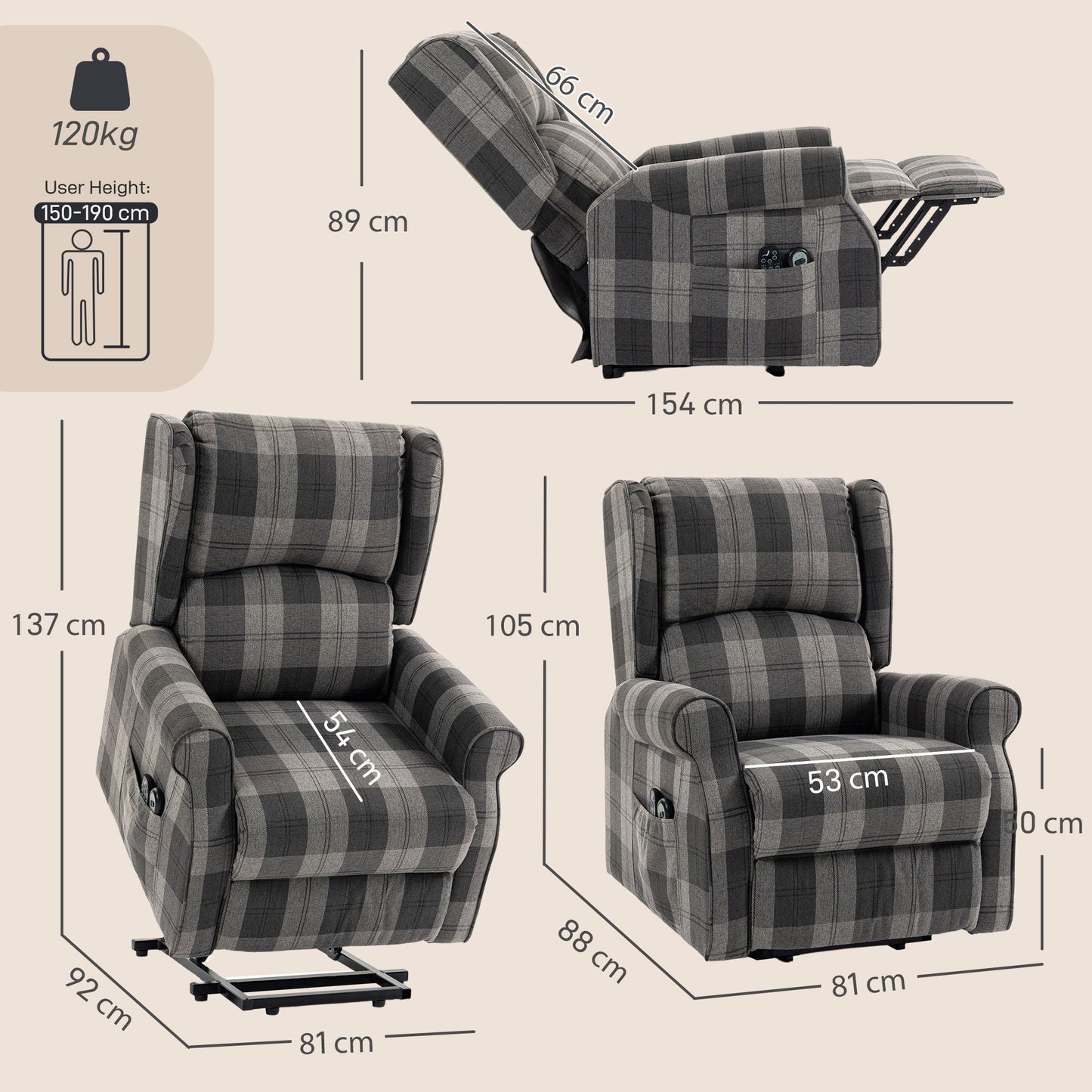 HOMCOM Power Lift Recliner Chair with Vibration Massage, Heat, Checked Lift Chair with Remote, Side Pockets, Grey