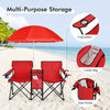 Portable Double Camping Chair with Umbrella &amp; Ice Bag-Red