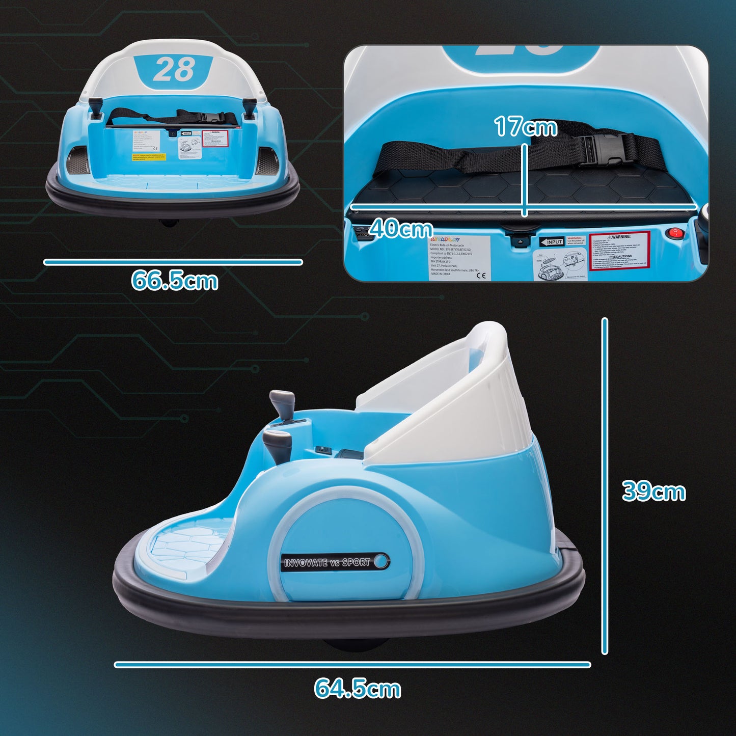 AIYAPLAY 360√Ç¬∞ Rotation Kids Bumper Car, 12V Waltz Car with Remote Control, Dual Joystick, Music, Lights, Light Blue