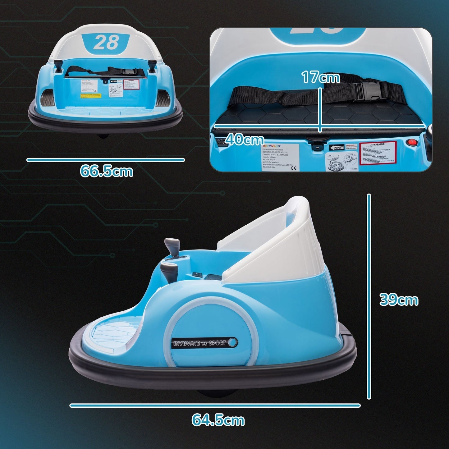 AIYAPLAY 360 degrees Rotation Kids Bumper Car, 12V Waltz Car with Remote Control, Dual Joystick, Music, Lights, Light Blue