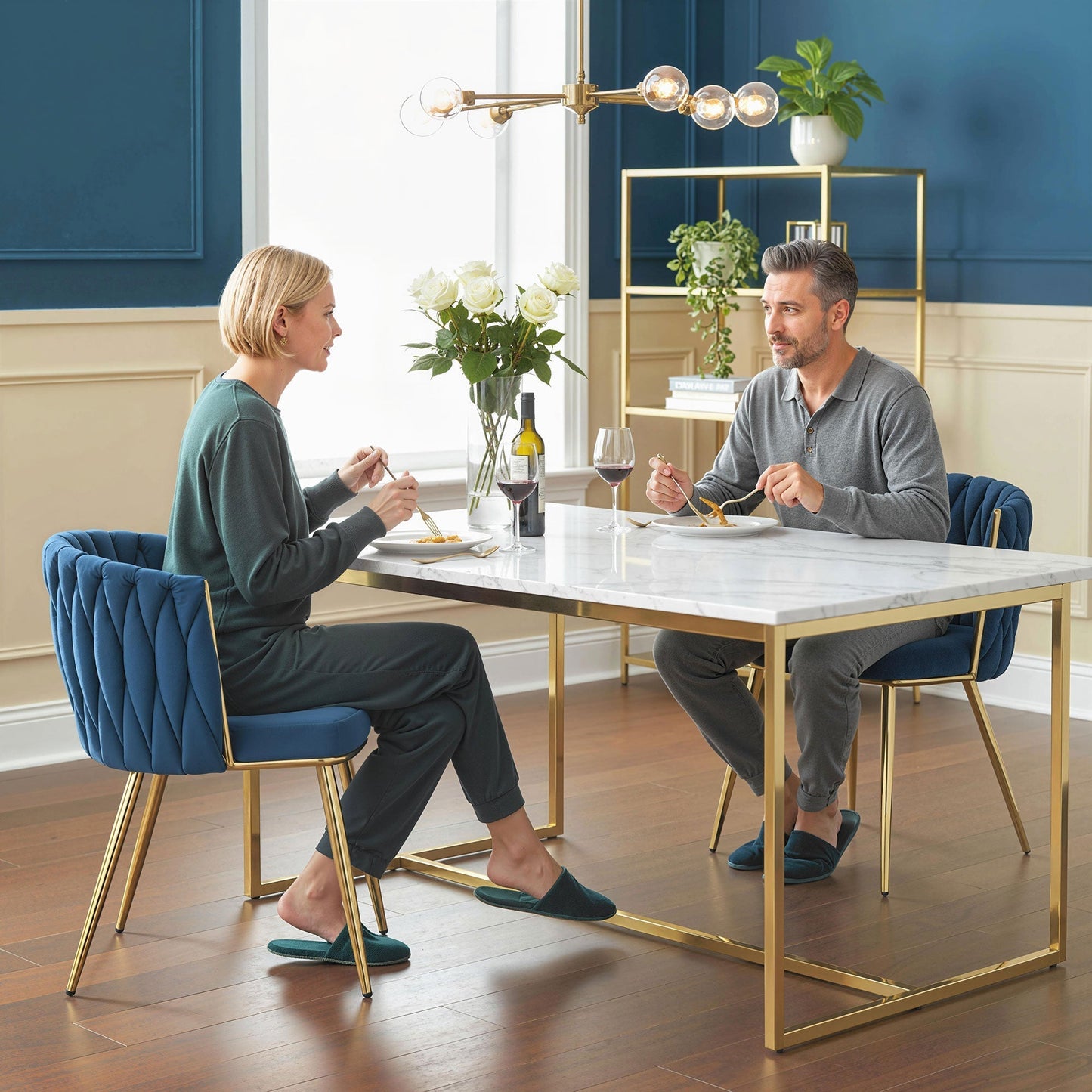 HOMCOM Velvet-Feel Dining Chairs Set of 2, Modern Upholstered Armchair with Knot Design and Golden Metal Legs, Accent Chair for Dining Room, Bedroom, Kitchen, Living Room, Dark Blue