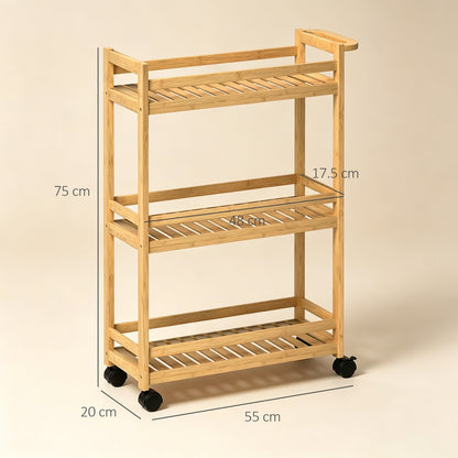 HOMCOM 3-Tier Bamboo Storage Trolley on Wheels in a Natural Wood Finish