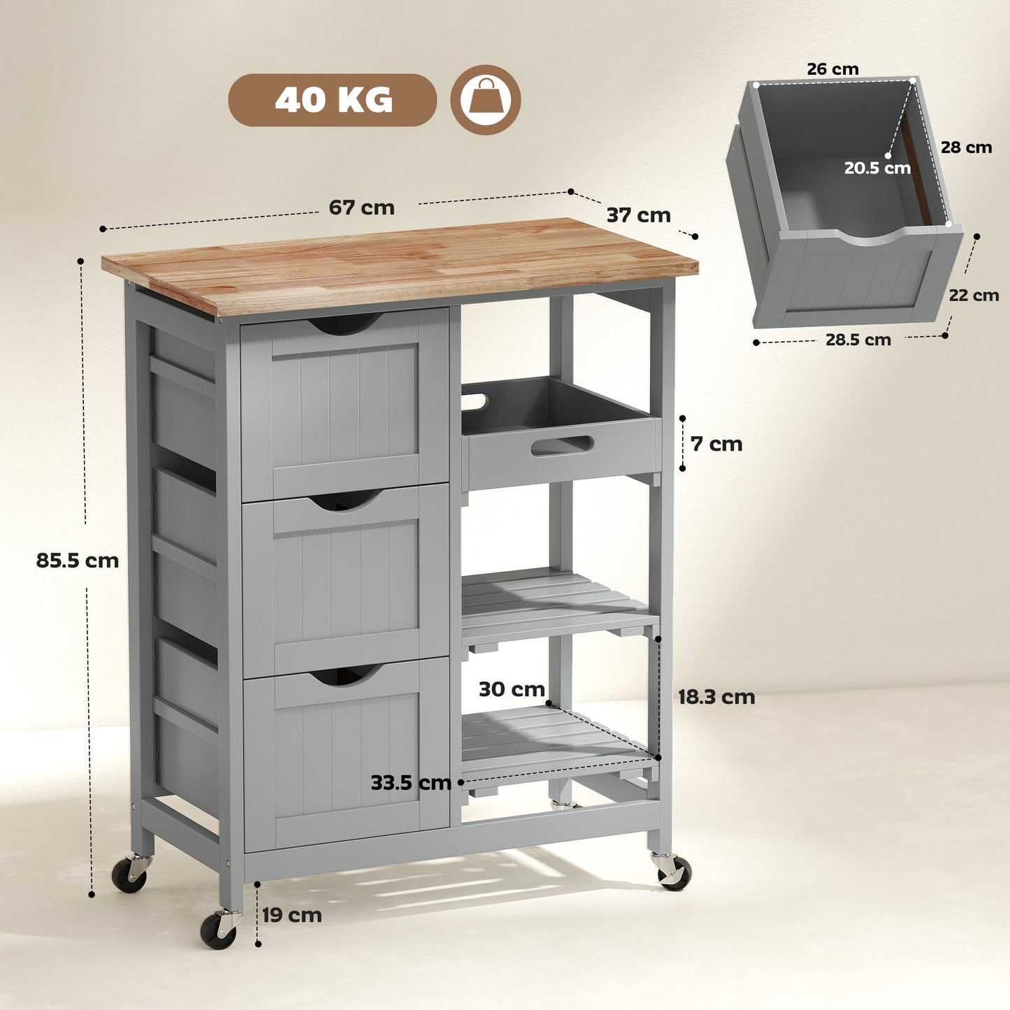 HOMCOM Rolling Kitchen Island Cart, Bar Serving Cart, Compact Trolley on Wheels with Wood Top, Shelves & Drawers, Grey
