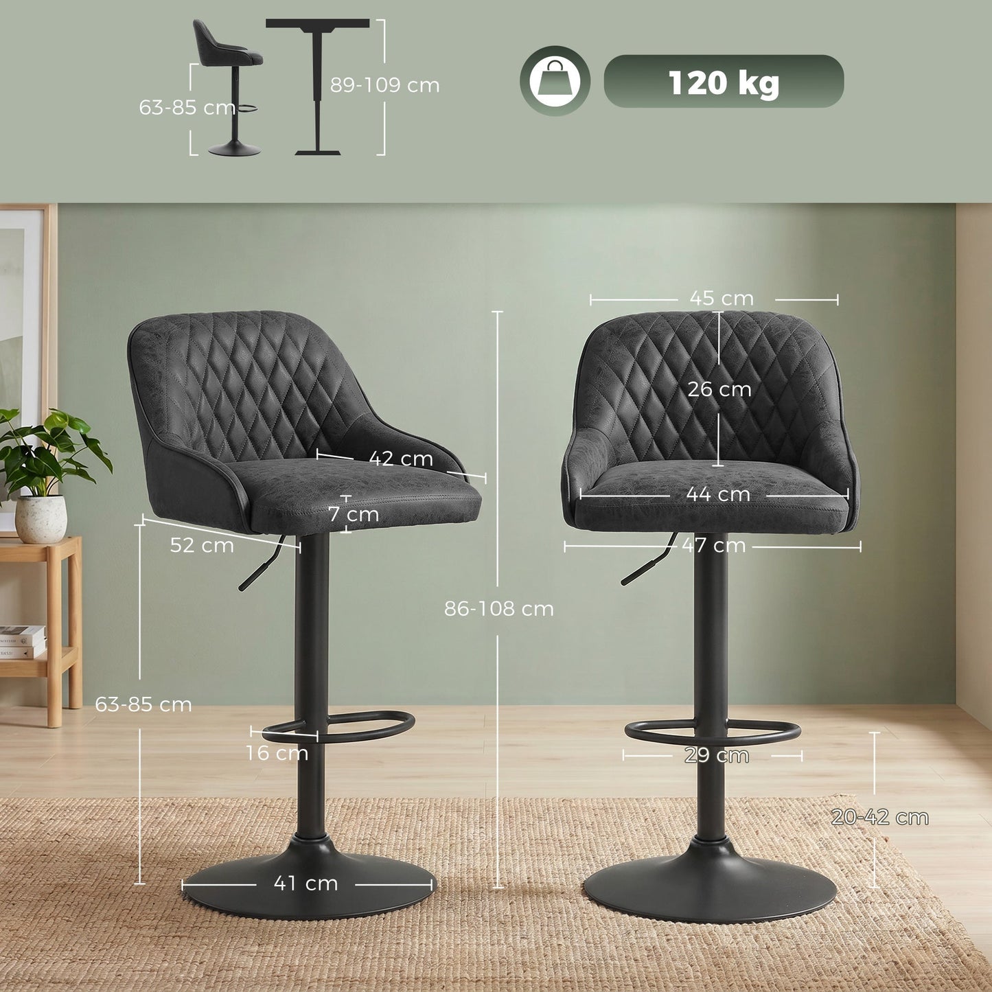 HOMCOM Bar Stools Adjustable Swivel Kitchen Chairs with Backrest Set of 2 for Kitchen Island Black