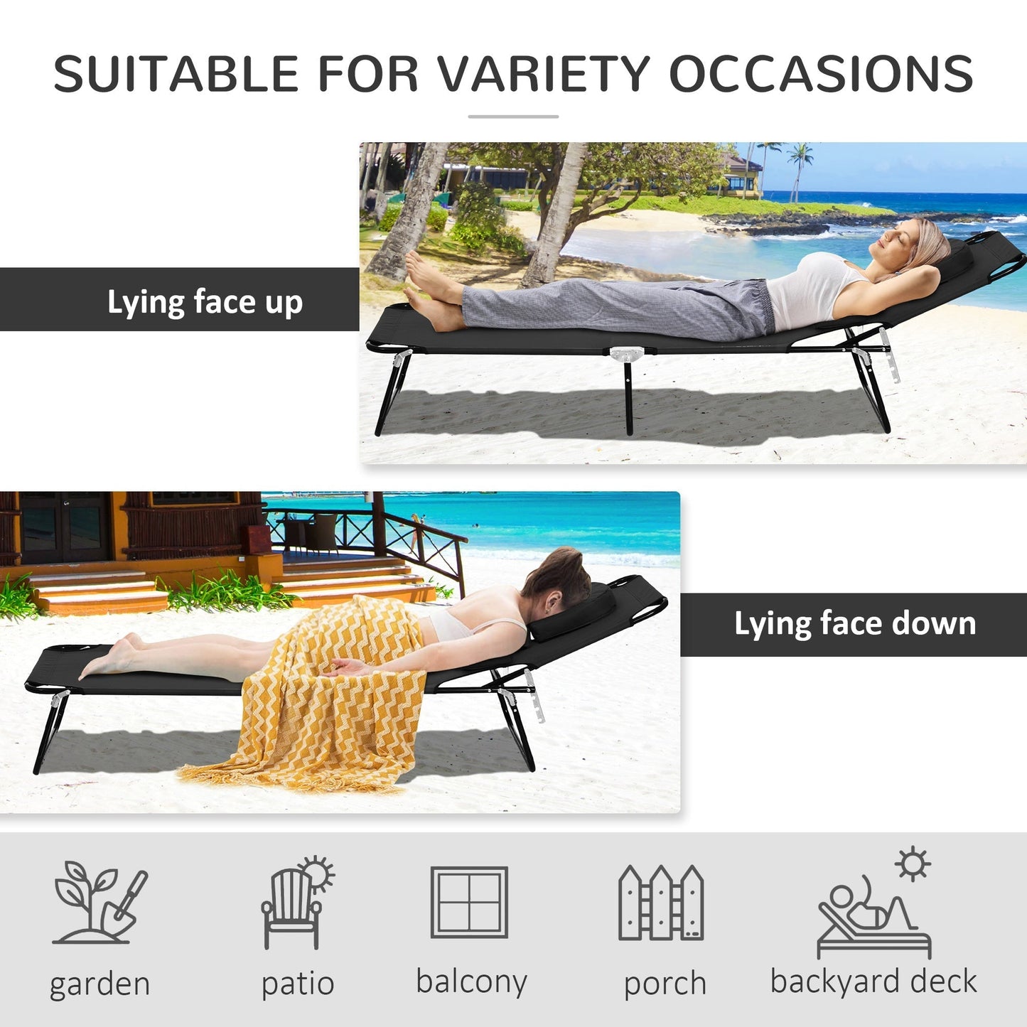 Outsunny Outdoor Folding Sun Lounger with Face Hole, 4 Level Adjustable Backrest Reclining Garden Lounger, Garden Recliner Sunbed with 600 D Oxford Cloth Seat and Pillow for Beach, Black