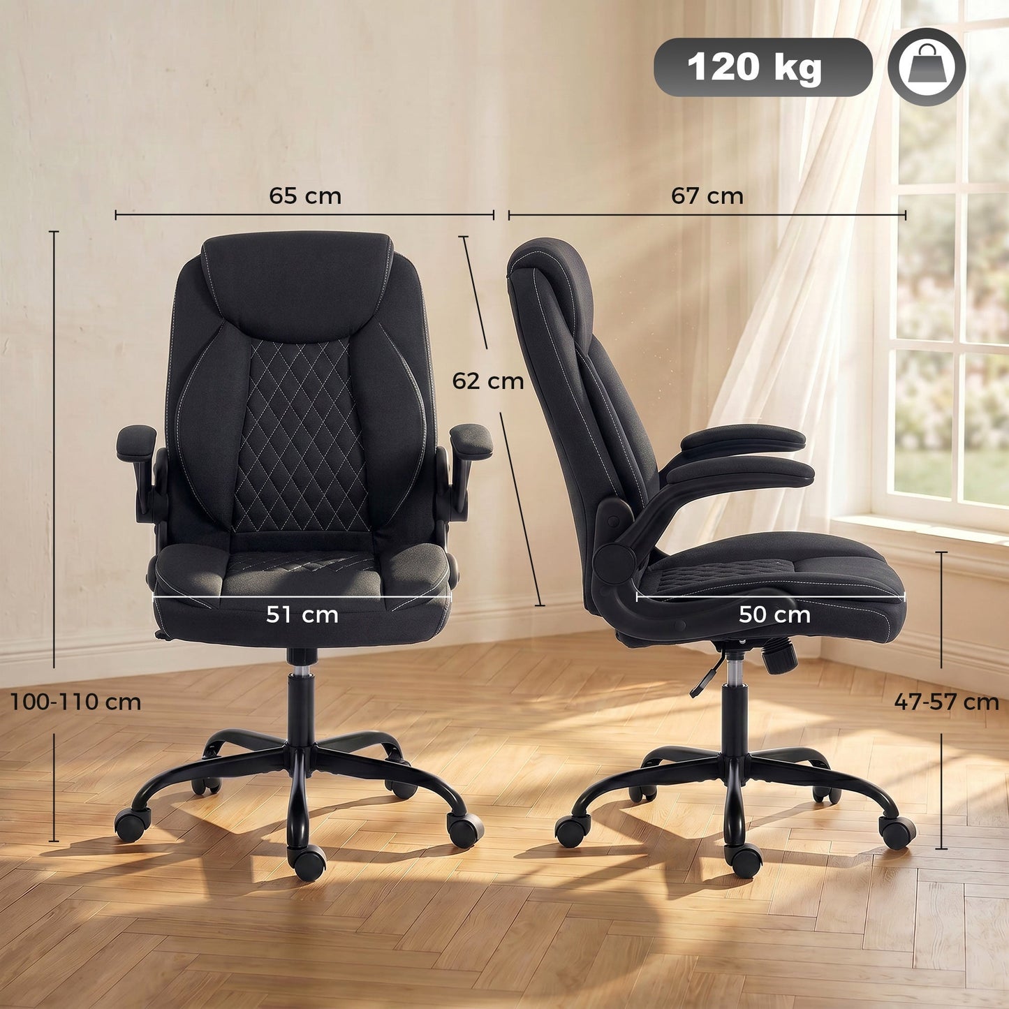 HOMCOM Linen-Look Computer Desk Chair, Executive Office Chair with Flip-Up Armrests and Thick Cushion, Black