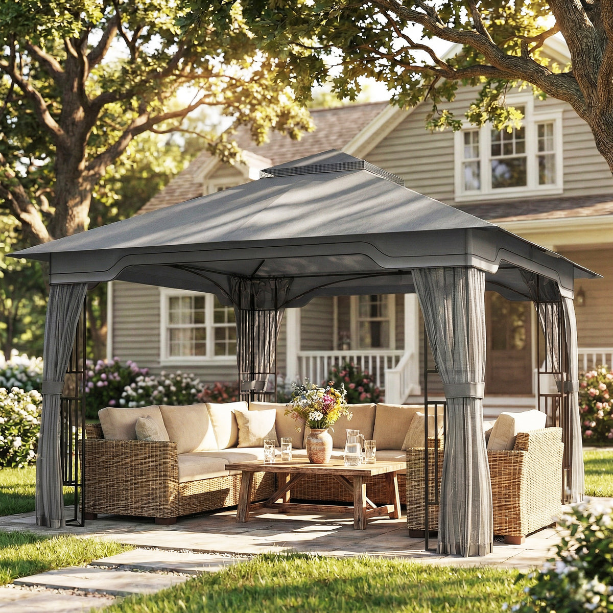 Outsunny Outdoor Garden Gazebo with Post Shelves in Dark Grey
