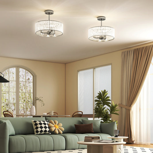 HOMCOM Crystal Ceiling Light Fixture Set of 2, Semi Flush Mount Modern Chandelier for Living Room, Bedroom and Hallway, 3-Lights with E14 Base, Silver Tone