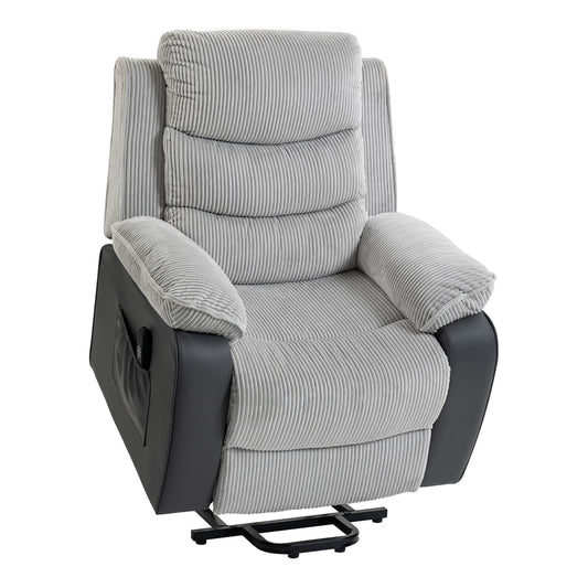 HOMCOM Power Lift Chair for Elderly, Corduroy Recliner with Wide Seat, High Back, USB Port, Side Pockets, Light Grey