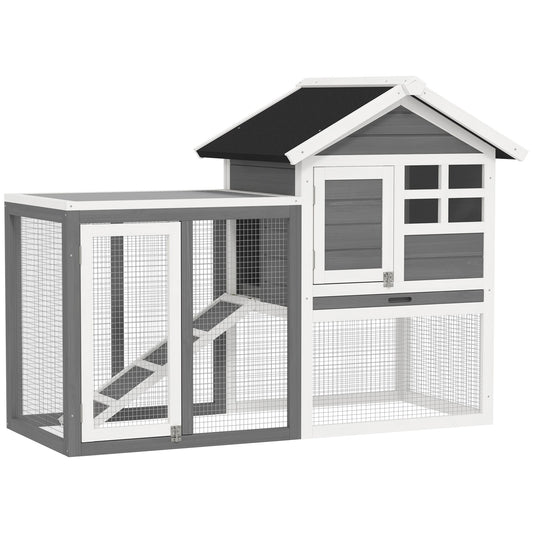 PawHut Rabbit Hutch قفص أرانب خشبي خارجي لحيوان خنزير غينيا قفص أرانب قفص أرانب صغير صينية قابلة للسحب، رمادي، 122 × 62.6 × 92 سم