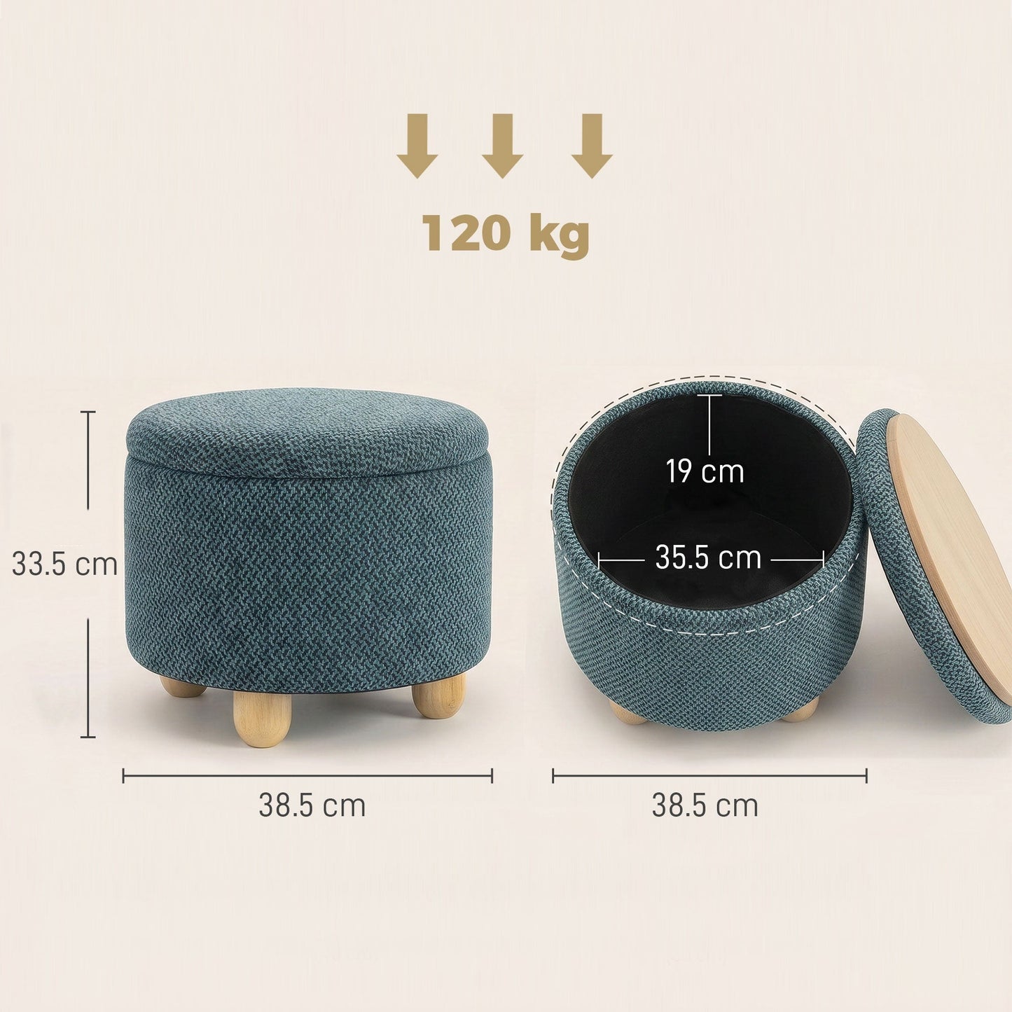 HOMCOM Storage Sitting Bench with Lid, Round Storage Ottoman with Rubberwood Legs, Dark Blue