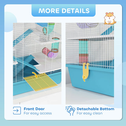 PawHut 4 Tier Hamster Cage w/ Tubes, Exercise Wheel, Hut, Water Bottle, Food Dish, Ramps, for Dwarf Hamster, Light Blue