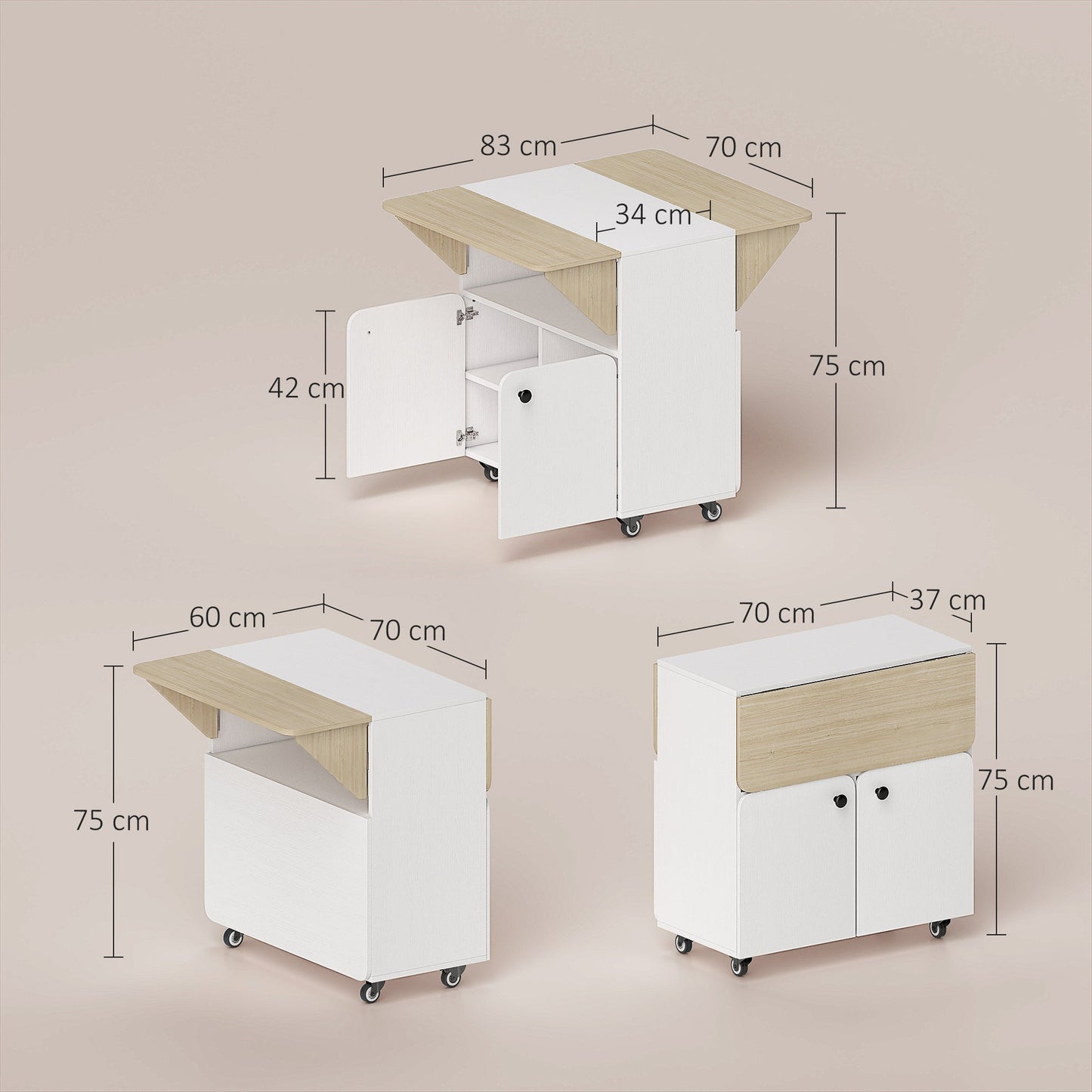 HOMCOM Folding Dining Table, Rolling Drop Leaf Table with Hidden Shelf & Cabinet for Dining Room, Small Spaces, White