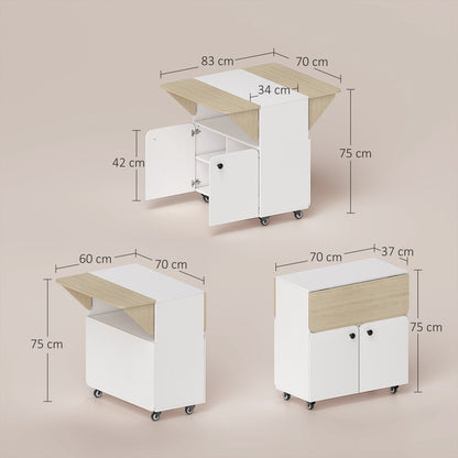 HOMCOM Folding Dining Table, Rolling Drop Leaf Table with Hidden Shelf & Cabinet for Dining Room, Small Spaces, White