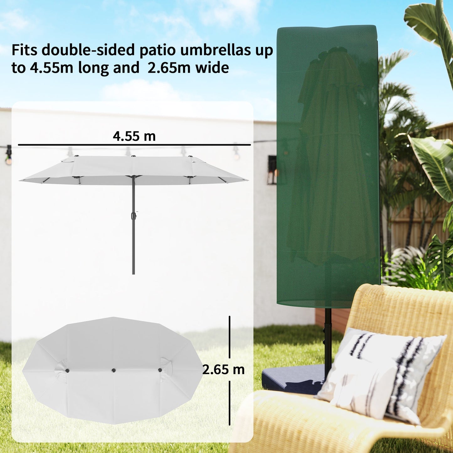 Outsunny Garden Parasol Cover, Outdoor Patio Umbrella Protector Weatherproof Garden Patio for 2-4m Parasol, Dark Green