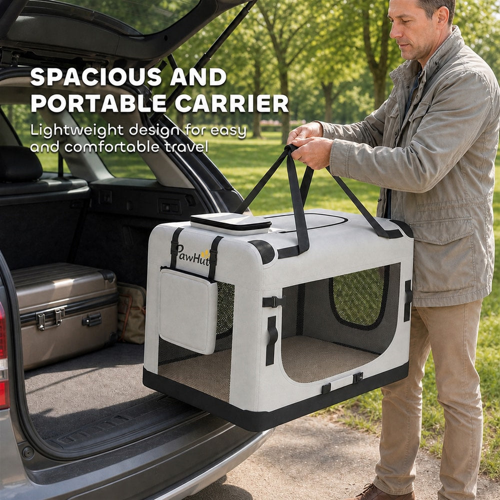 PawHut Pet Carrier Bag, Soft-Sided Dog Carrier with Security Buckle Strap, Washable Cushion and Folded Bowl, Light Grey