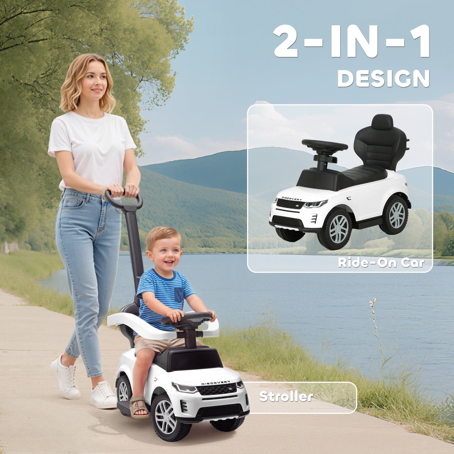 AIYAPLAY Land Rover Discovery Licensed Baby Push Car, 2-in-1 Ride on Car with Push Handle and Safety Guardrail, White