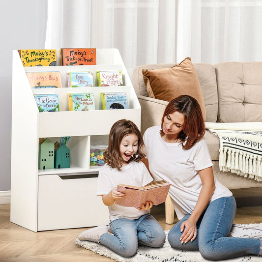رف كتب للأطفال من HOMCOM، منظم ألعاب، مع درج تخزين، عجلات - أبيض