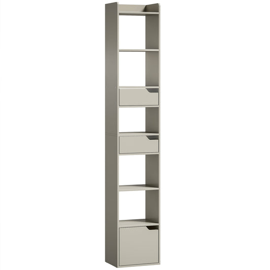 HOMCOM Bookcase Tall Narrow with five tiers and two drawers in grey