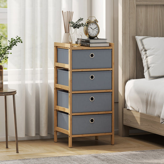 The narrow dresser with bamboo frame and four grey drawers is shown in a bedroom setting