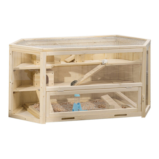 PawHut 3 Tier Wooden Large Hamster Cage in Natural Wood