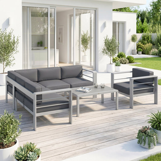 Outsunny Five-Piece Aluminium Garden Sofa Set, with Glass-Top Table - Grey