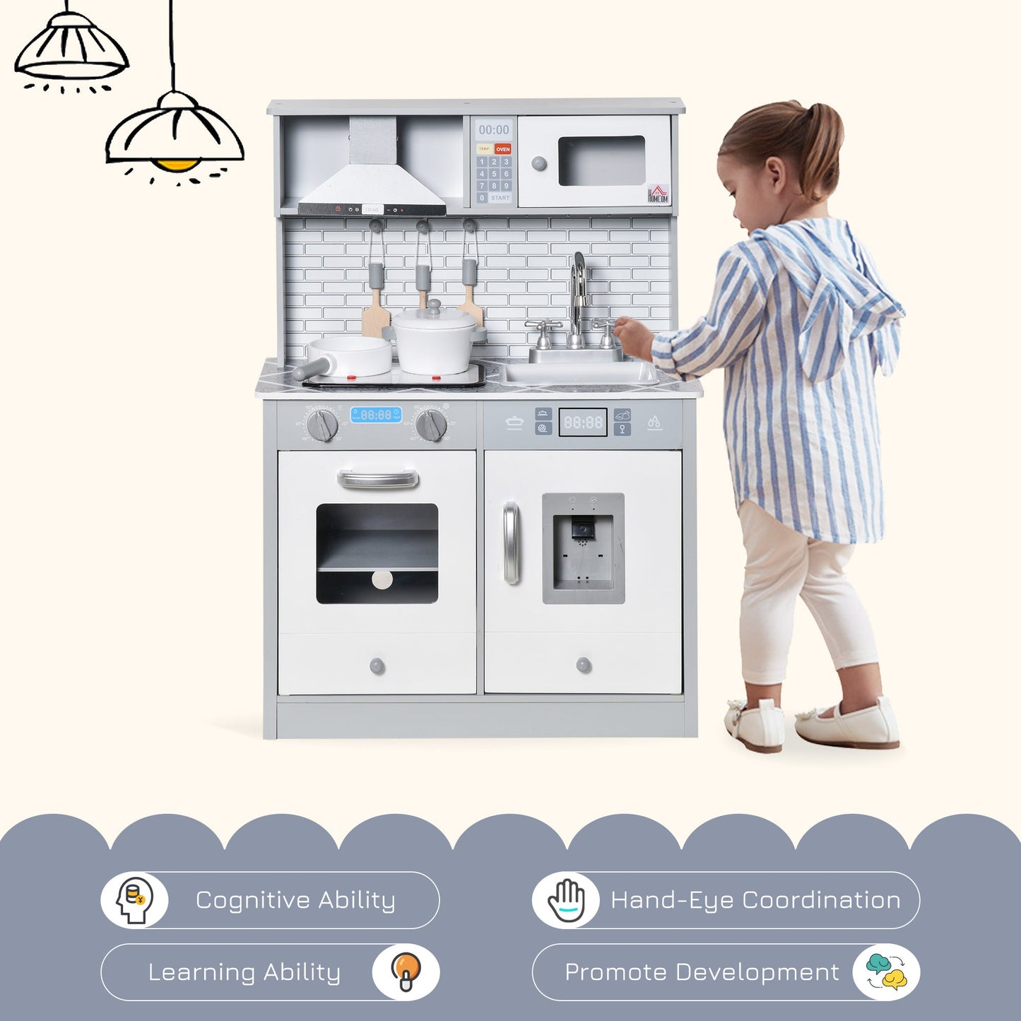 HOMCOM مطبخ ألعاب خشبي للأطفال للعب التظاهري والطبخ مع مؤثرات صوتية وضوئية وموقد يعمل بالبطارية وآلة صنع الثلج وسطح عمل بنمط الرخام، للأعمار من 3 إلى 6 سنوات