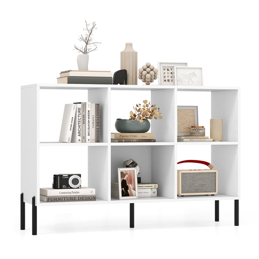 6-Cube Storage Bookcase Wooden Open Bookshelf filled with books and decorative items on a white background