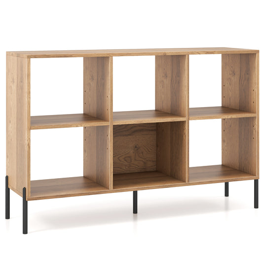Open-Back Wood Bookshelf Storage Rack with 6 Compartments standing on thin black metal legs