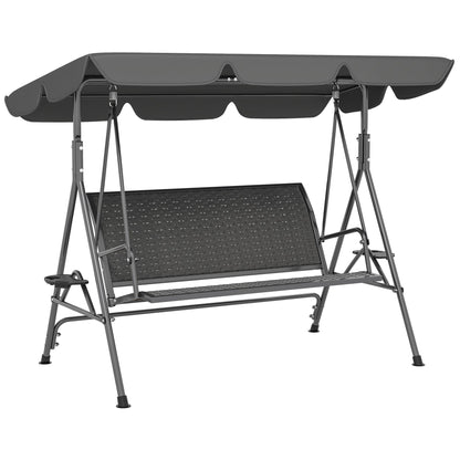 Outsunny 3 Seater Swing Chair, Garden Swing Seat Bench with Adjustable Canopy, Rattan Seat and Steel Frame for Patio, Yard, Grey