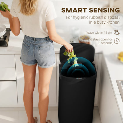 HOMCOM 55L Sensor Bin with Soft-Close Lid, Automatic Touchless Motion Sensor Kitchen Bin with Fingerprint Resistant Stainless Steel for Hygienic Gyms, Home Office Use, Black