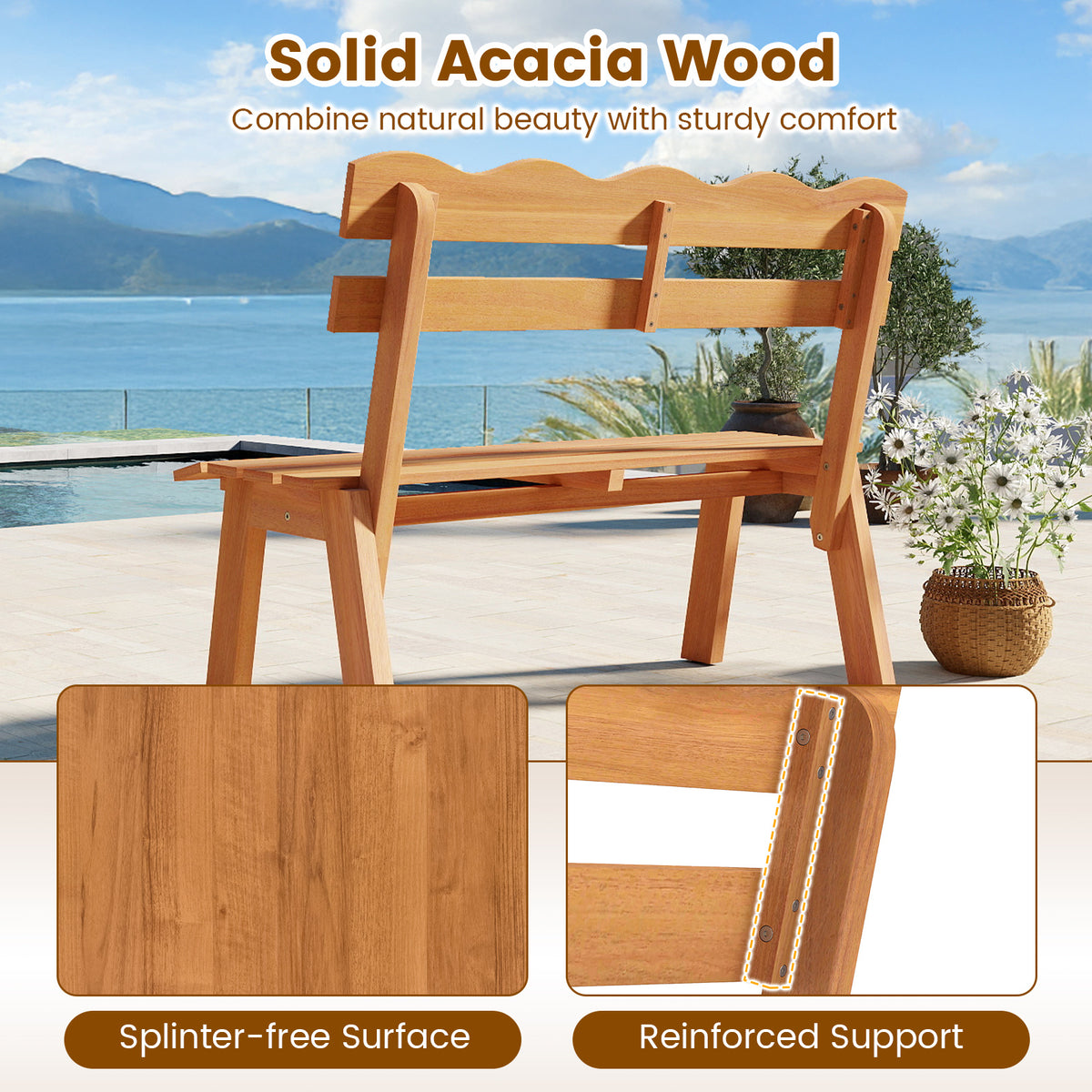 Outdoor 2-Person Wood Garden Bench with Ergonomic Backrest