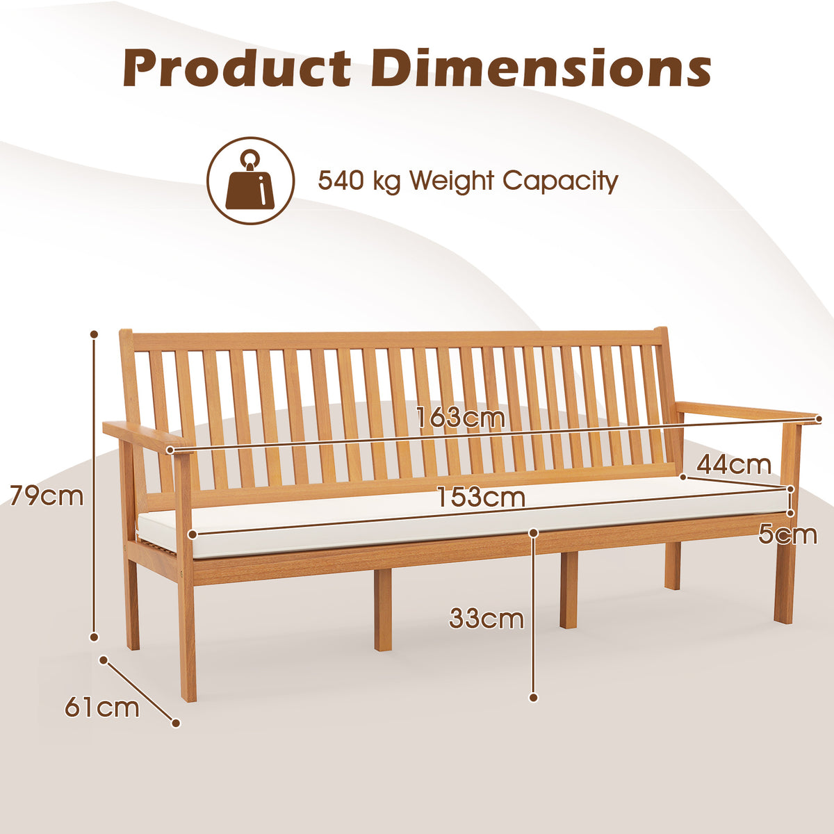 Outdoor Acacia Wood Bench 3-Seat Patio Bench with Removable Seat Cushion-White