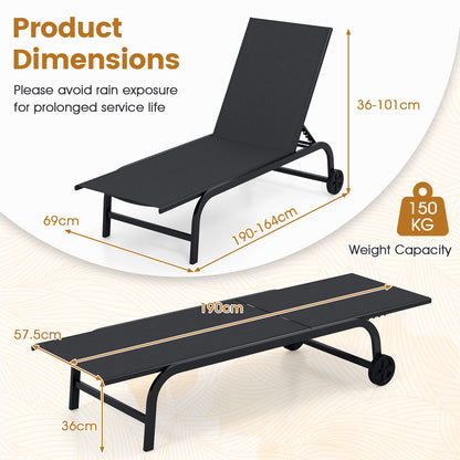 Outdoor Chaise Lounge Chair Set of 2 with Wheels 6-Position Recliner with 180° Full Flat-Black
