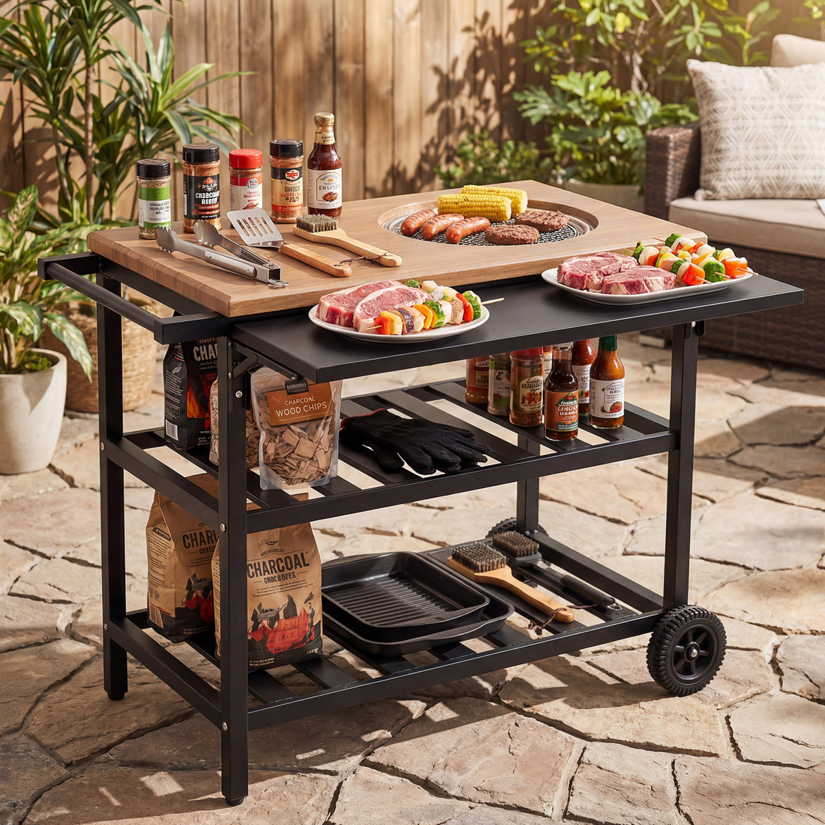 Outdoor Dining Cart with Korean BBQ Grill for Backyard