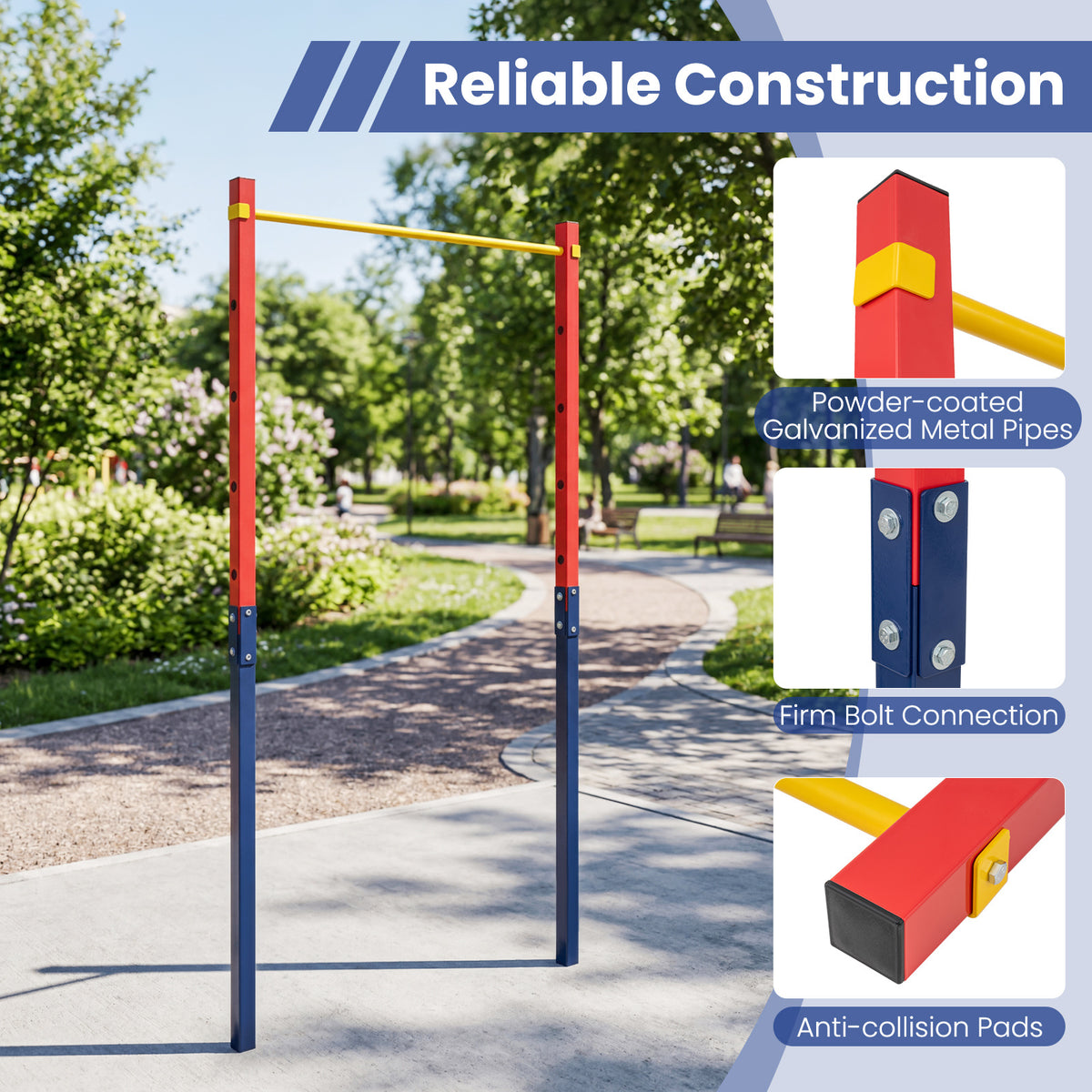 Close up of the sturdy construction of the outdoor pull up bar station with bolts