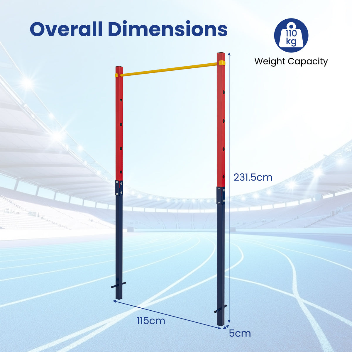 Diagram showing the dimensions of the outdoor pull up bar station and its weight capacity