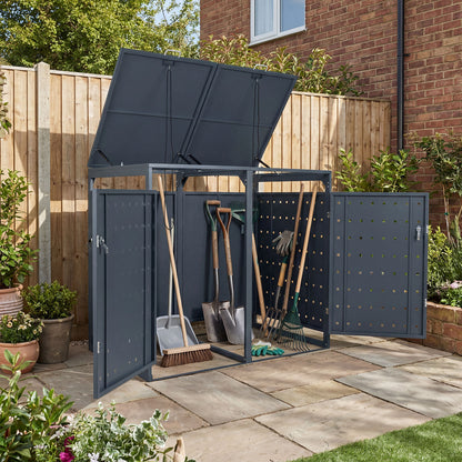 Outdoor Metal Garbage Bin Storage Shed for 2 Trash Cans Double Trash Can Enclosure-Grey