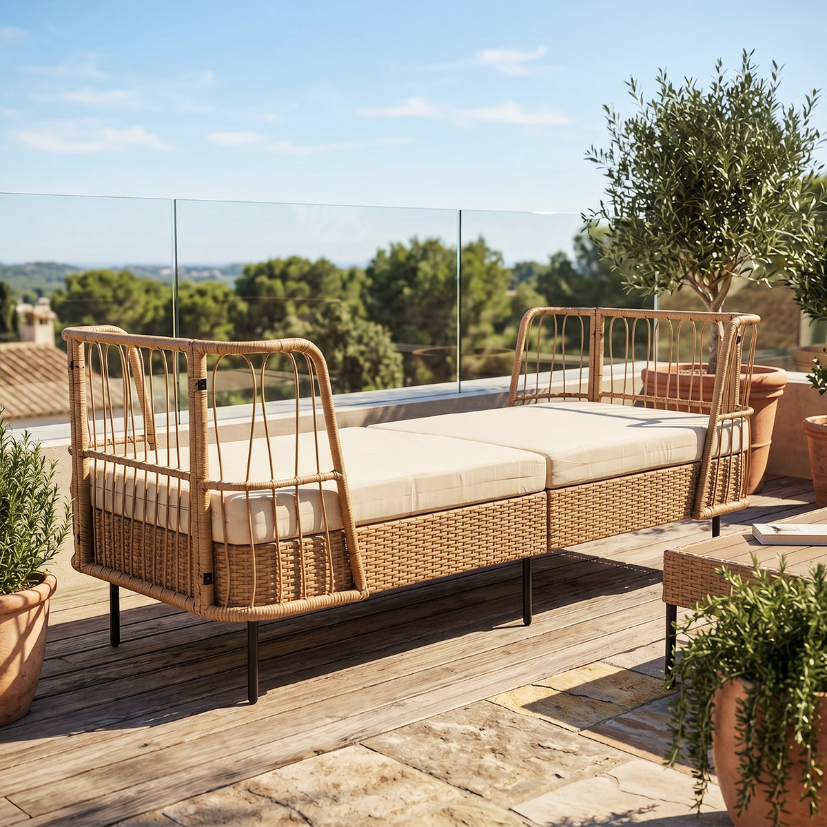 Outdoor PE Wicker Daybed with Soft Padded Sponge and Zippered Cushions-Beige